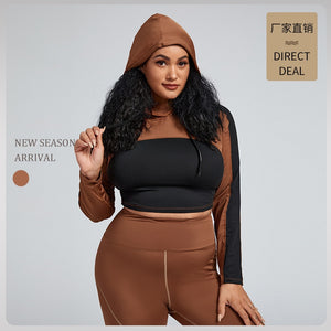 Women's Miecin Plus Size Crop Top Patchwork Hooded Sports Top